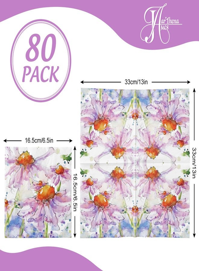 JarThenaAMCS 80Pcs Spring Daisy Paper Napkins Violet Flower Disposable Luncheon Napkins Summer Floral Dinner Hand Napkin for Seasonal Home Party Supplies, 6.5 x 6.5 Inch - Image 2